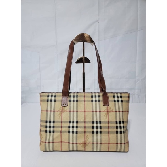 Burberry Handbags - Authentic Burberry Haymarket Check Canvas Shoulder Bag Brown/Beige